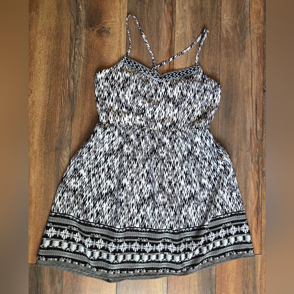 Three Pink Hearts Black and White Aztec Pattern Smock Back Mini Dress